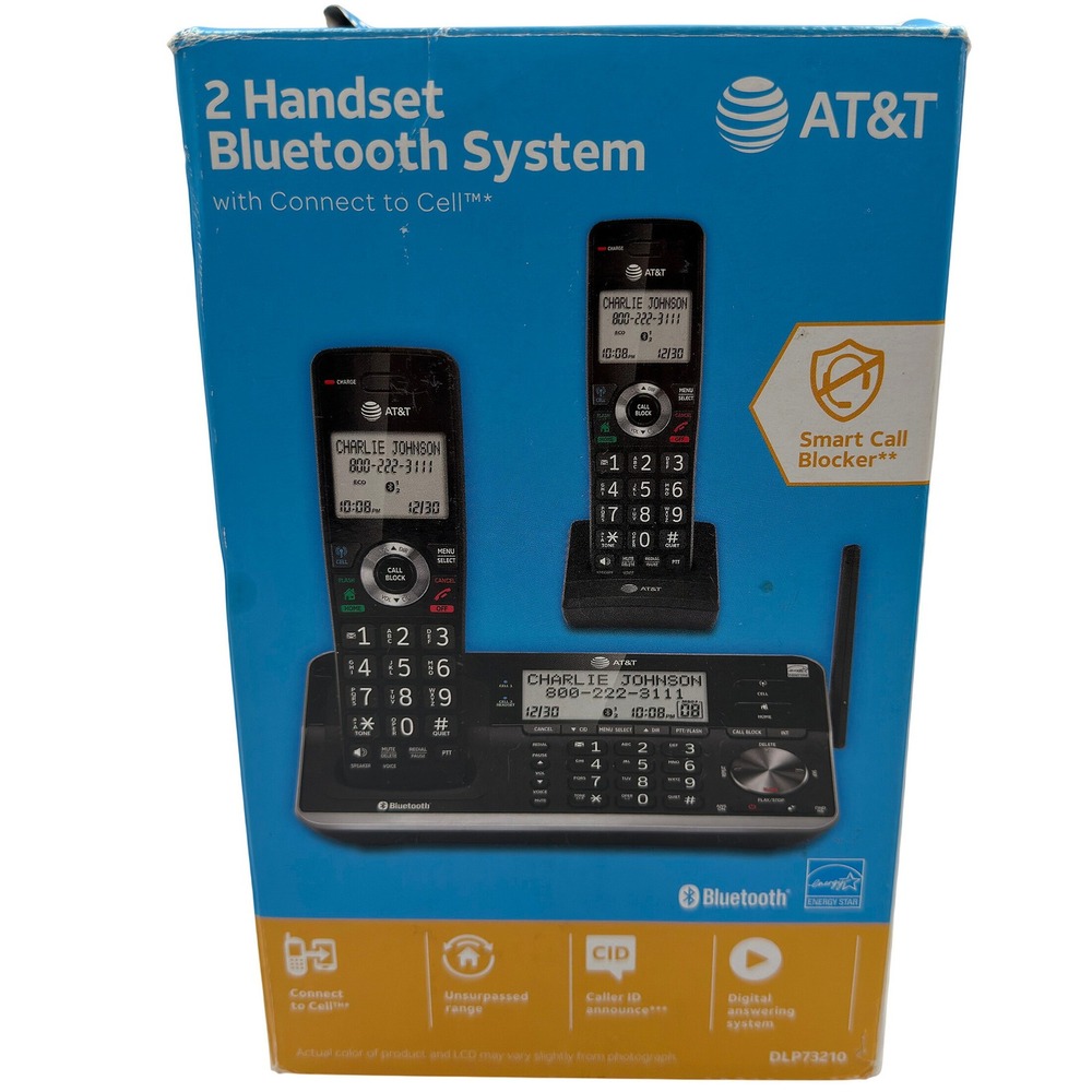 AT&T 2 Handset Bluetooth Cordless Phone System DLP73210 Smart Call Blocker Black